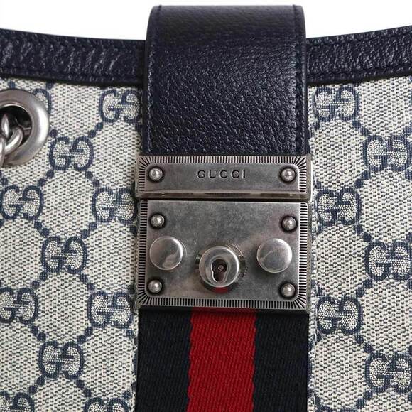 Gucci Padlock Web Stripe Chain Tote Bag GG Supreme Navy Blue - Picture 9 of 9